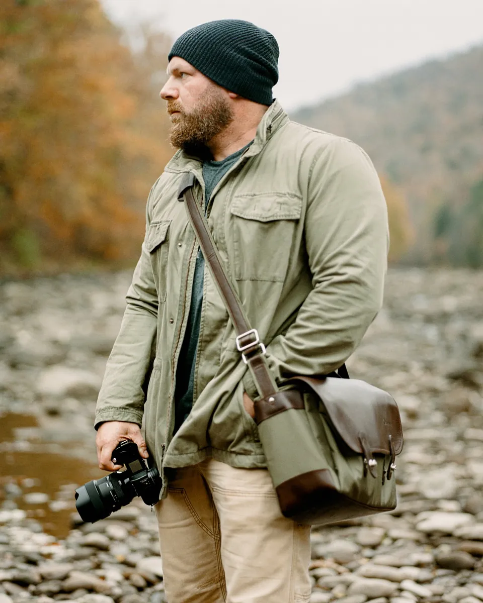Wedding photographer Jay Cassario of Twisted Oaks Studio holding his camera on a rocky riverbank in autumn