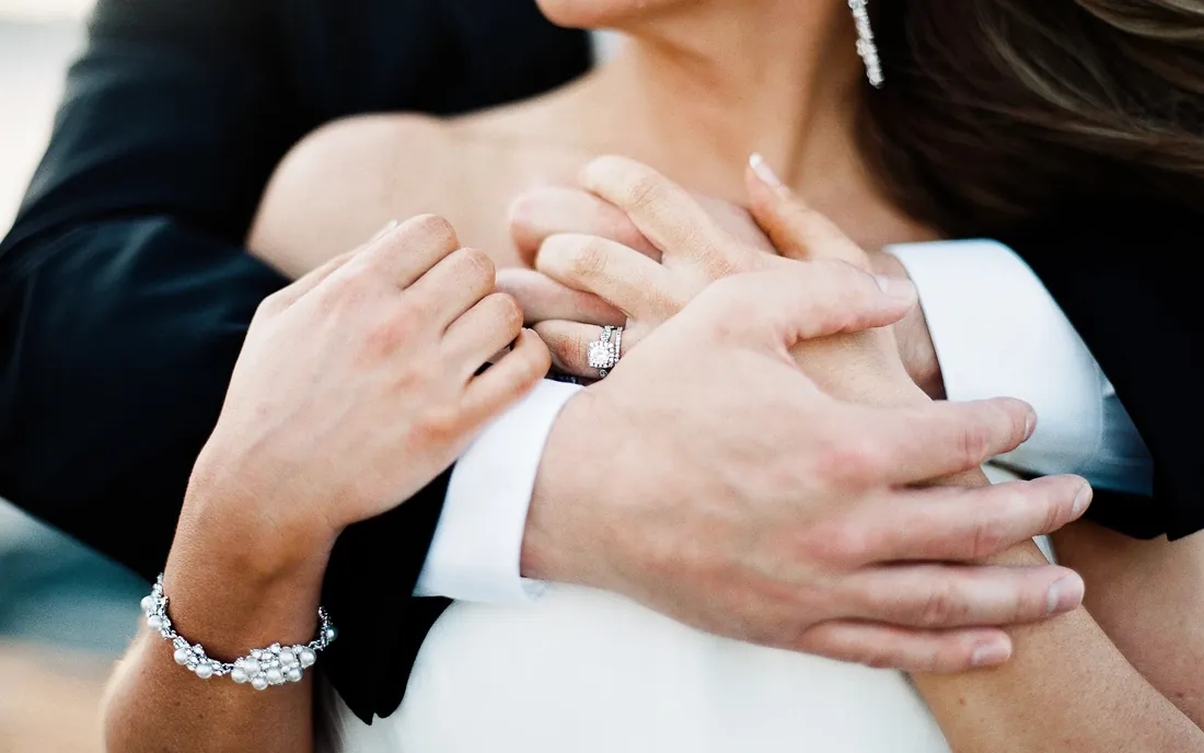 Film close-up of a couple's hands and rings