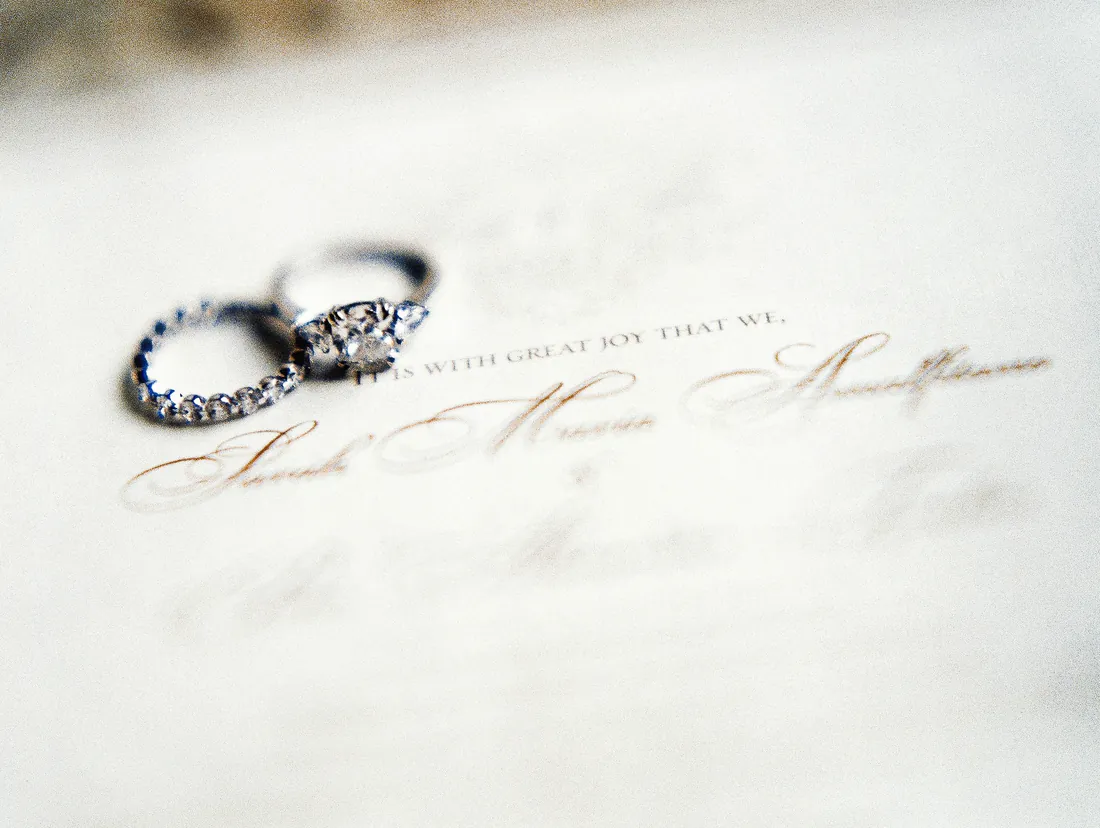 Film close-up of wedding rings resting on a letterpress invitation