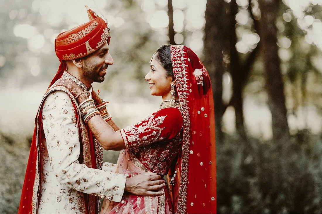 Bride and groom in traditional Indian wedding attire