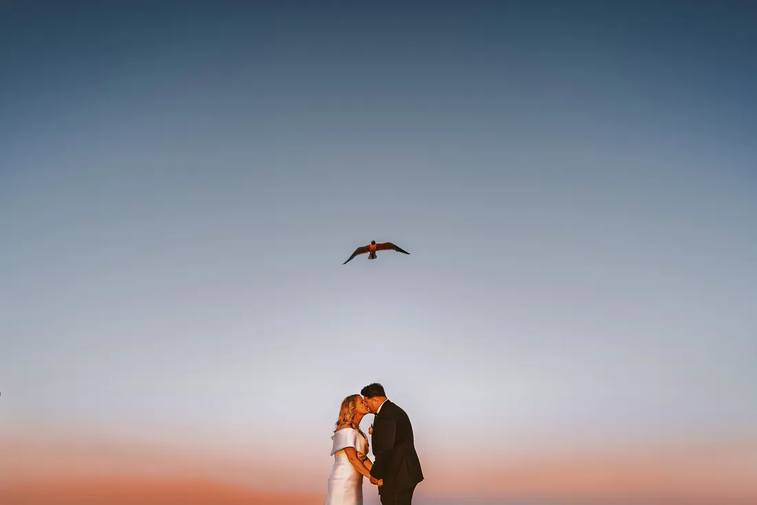 Bride and groom kissing at sunset as a seagull flies overhead