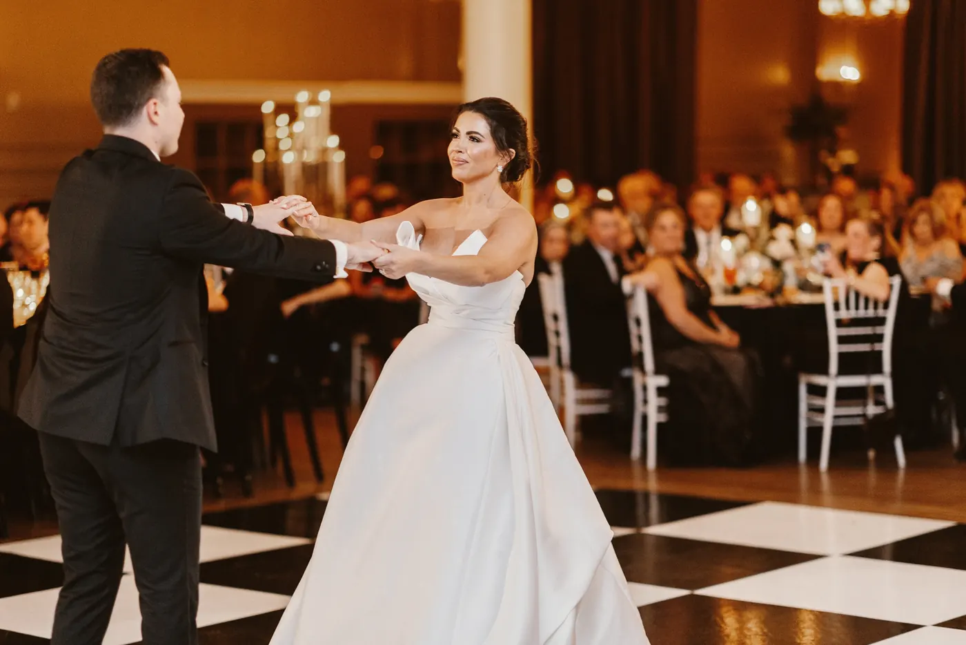Branon and Celeste's first dance on the checkered dance floor at The Vie by Cescaphe in Philadelphia