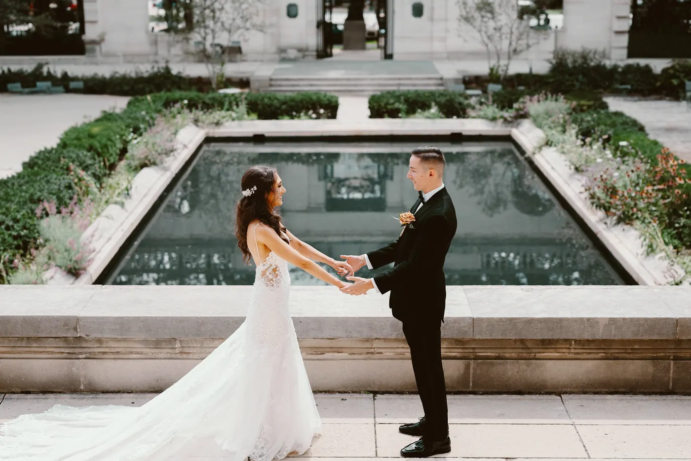 Chris and Danielle holding hands at their first look at the Rodin Museum in Philadelphia