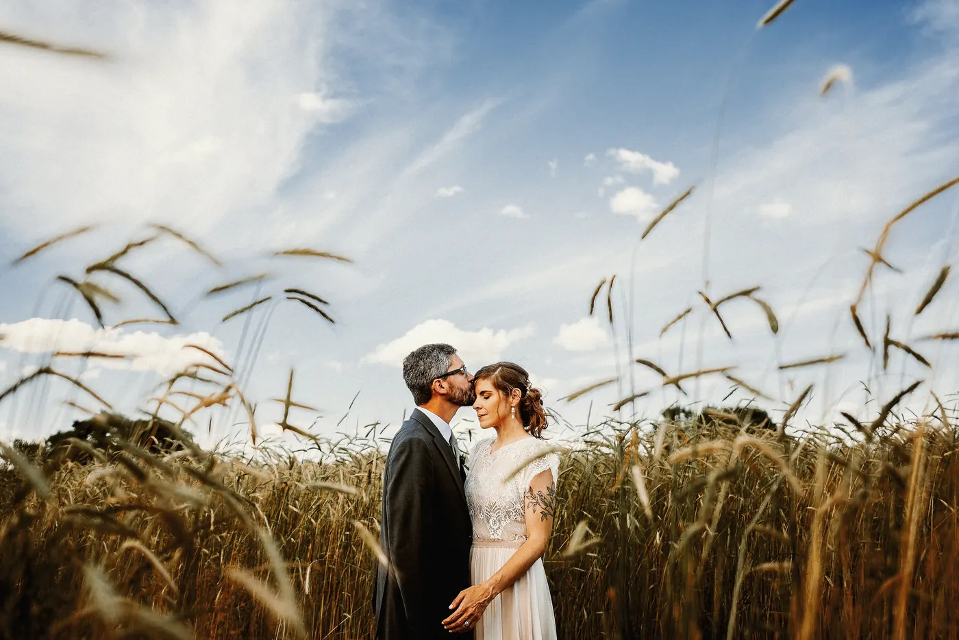 Matt kissing Erica's forehead in the tall wheat at Johnson's Locust Hall Farm in Jobstown, NJ