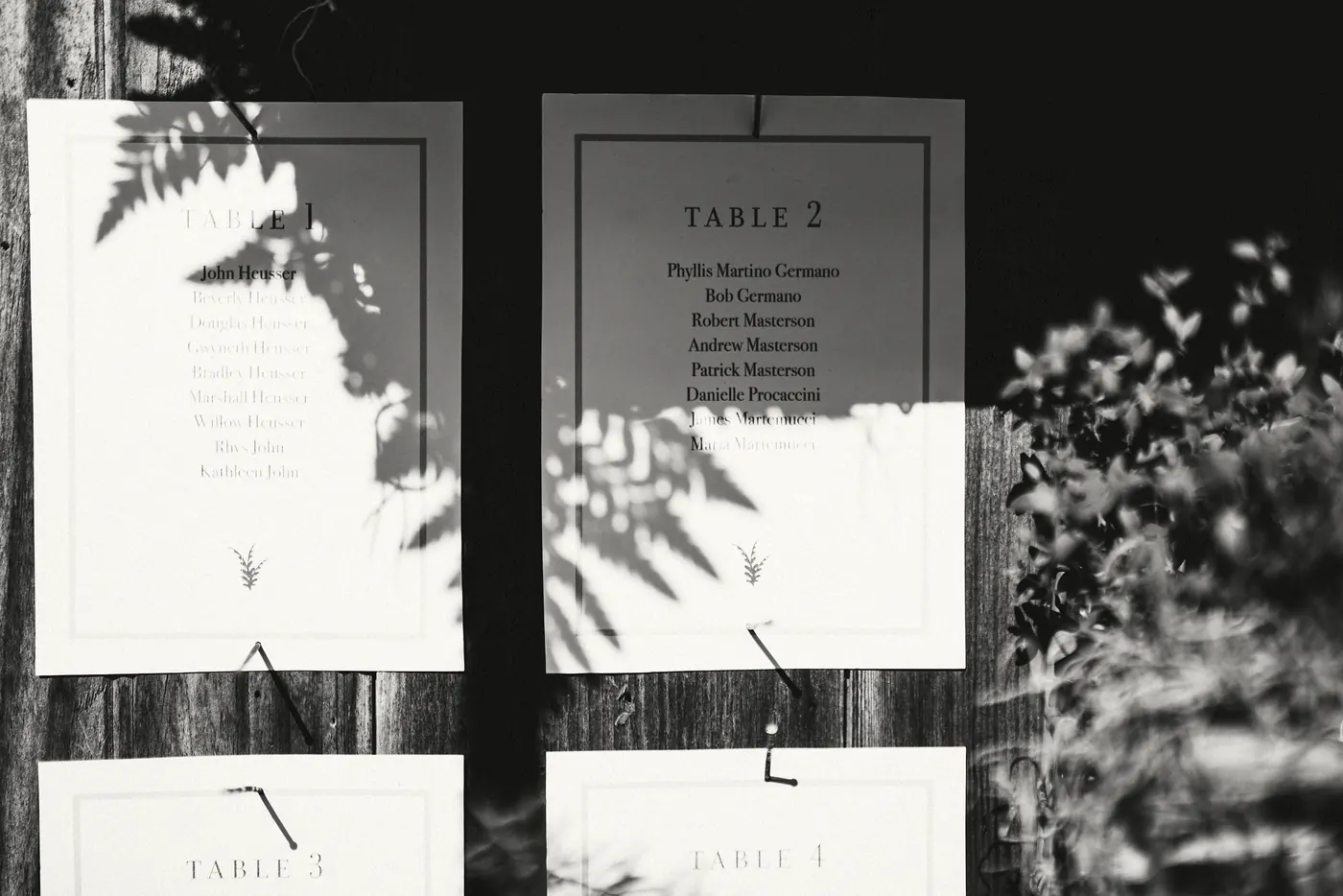 Black and white photo of the table cards with fern shadows at Johnson's Locust Hall Farm in Jobstown, NJ