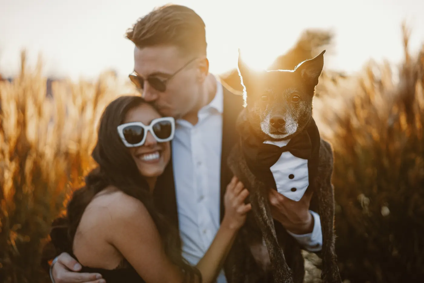 Will kissing Morgan's forehead as he holds their dog in a tuxedo bib in golden tall grass at Renault Winery in Egg Harbor City, NJ